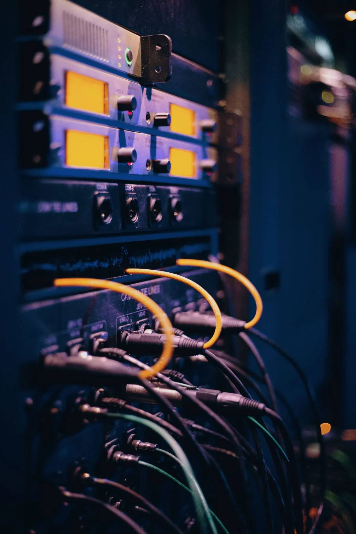 Network cables and ports in a server rack